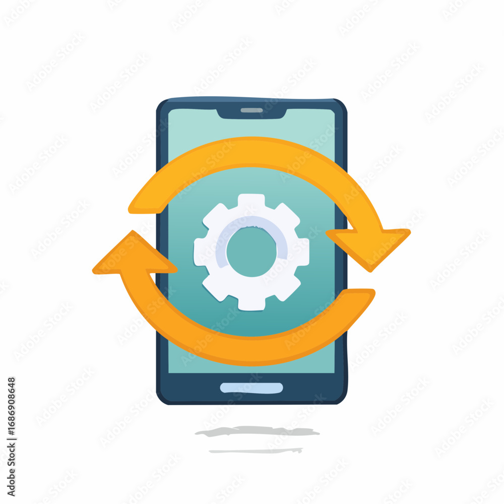 Poster modern smartphone displaying system gear icon and circular arrows for mobile software update process