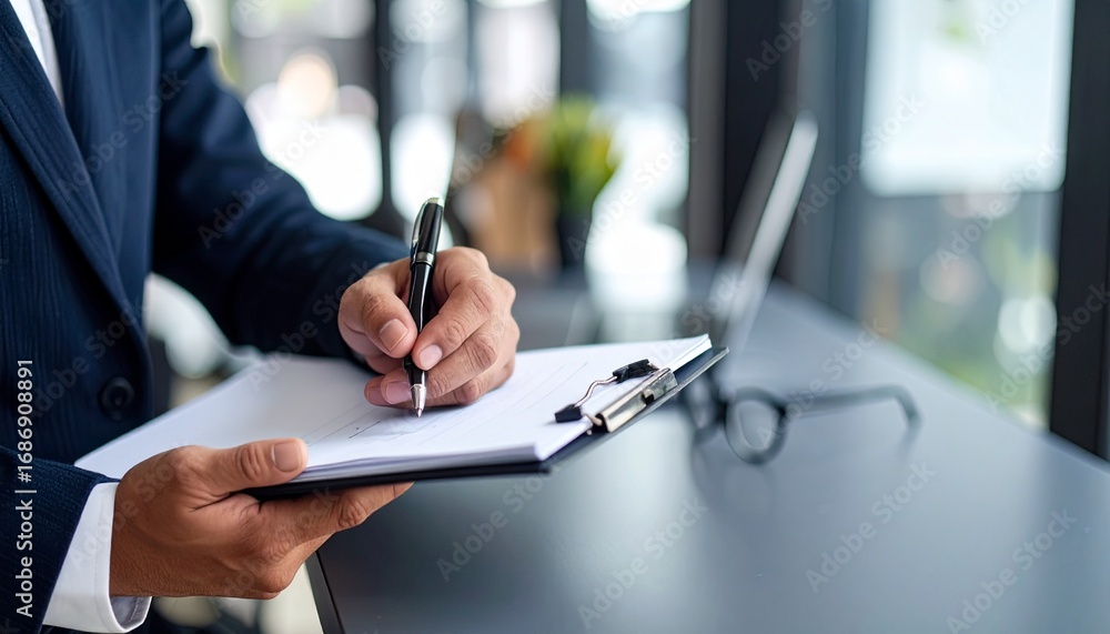 Poster a professional in a suit, reviewing and making notes on a document in a office setting. the scene em