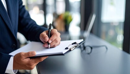 Naklejka premium A professional in a suit, reviewing and making notes on a document in a office setting. The scene emphasizes the importance of attention to detail and professionalism in the workplace. 