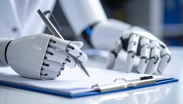 Close-up of robot hands writing on a document with a pen, highlighting technology and innovation