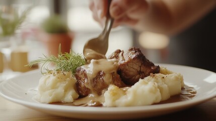 Person holding spoon over mashed potatoes. Realistic video of a comforting meal with potatoes. A steaming gravy of meat and cheese in a coffee. Individual with a spoon hovering over lifestyle mashed.