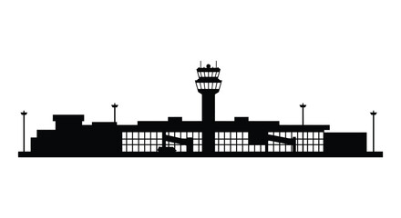 airport terminal silhouette with control tower and flags