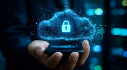 Hand holding a smartphone with a glowing cloud and lock icon, symbolizing secure data storage.