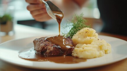 Person holding spoon over mashed potatoes. Realistic video of a comforting meal with potatoes. A steaming gravy of meat and cheese in a coffee. Individual with a spoon lifestyle hovering over mashed.