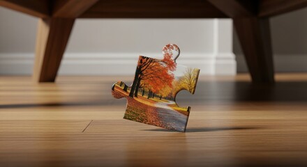 Photo of a single puzzle piece with a vibrant autumn forest scene, standing upright on a wooden floor, symbolizing a missing element or a fragment of a larger picture.