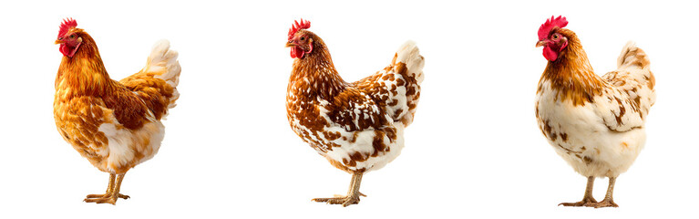 Three different chickens standing proudly side by side against a dark backdrop isolated on a white or transparent background