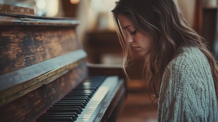 A woman playing the piano. Woman playing piano in the rain. A house with a relic of memories and instruments. A woman performing on the piano lifestyle.