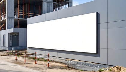 Obraz premium An empty billboard mounted on a building wall, ready for advertisement, in a construction site