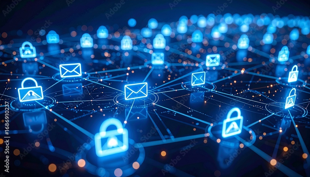 Poster cybersecurity abstract illustration with glowing padlocks and email symbols, representing protection