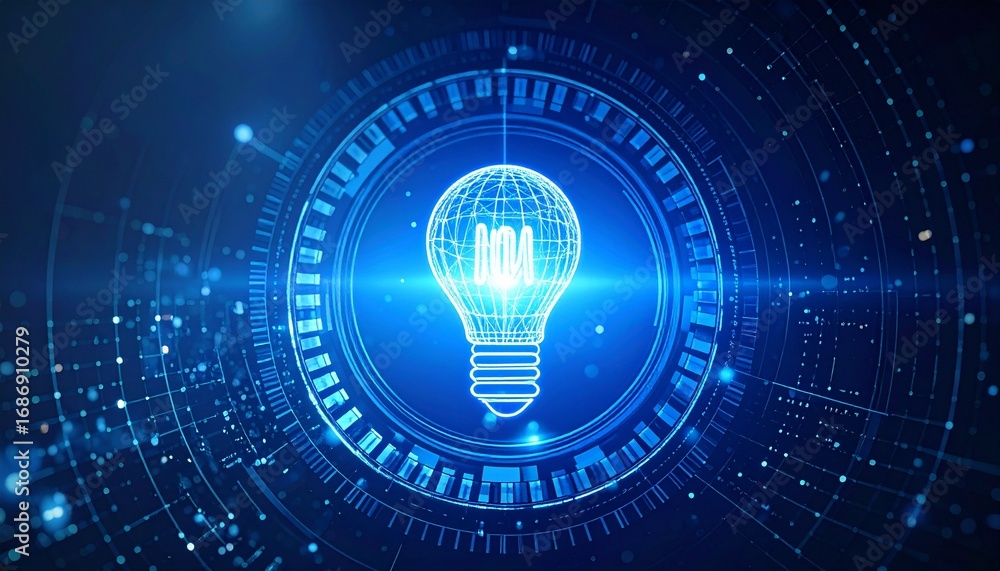 Poster a bright idea represented by a digital lightbulb surrounded by a technological circle. the image sym