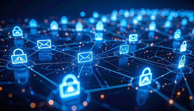 Cybersecurity abstract illustration with glowing padlocks and email symbols, representing protection and secure communication on a network
