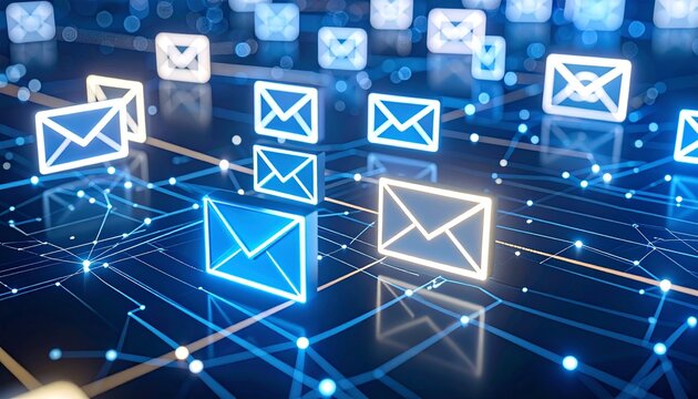 Digital email concept with illuminated icons and network connections. A stunning visual representation of online communication and data transfer