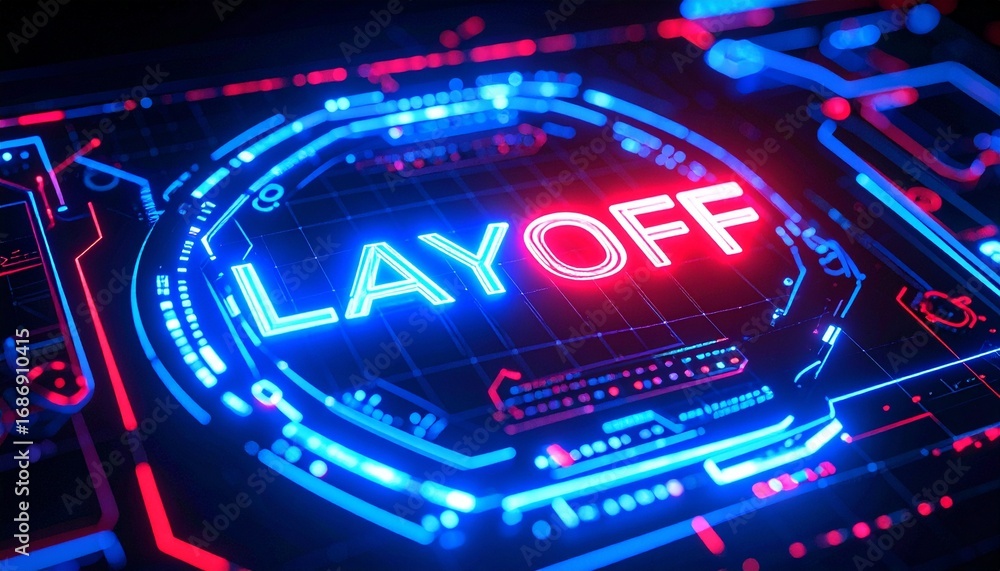 Poster an ominous digital circuit board displaying the word layoff in bold, glowing letters. the text is ac