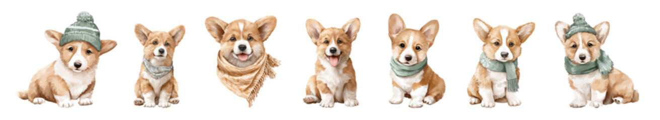 Watercolor corgi dog clipart set with cute puppies in scarf, hat and cozy autumn winter outfits, handpainted pet illustrations. Collection of Vector illustrations. Perfect for invitation, card, poster