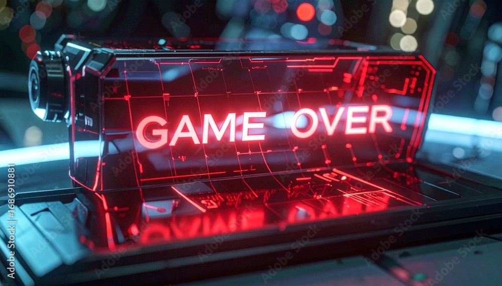 Aufkleber game over holographic display with a cyberpunk aesthetic, a futuristic visual effect on a high-tech 