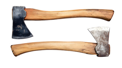 Two vintage axes with wooden handles are displayed against a stark