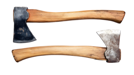 Two vintage axes with wooden handles are displayed against a stark