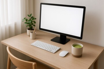 Home office desk with computer showing blank screen, keyboard, mouse, matcha tea and plant, ideal for remote work or studying