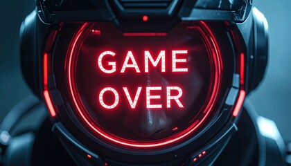 A futuristic design with the words GAME OVER displayed on a screen. A futuristic robot head in dark and dynamic lighting