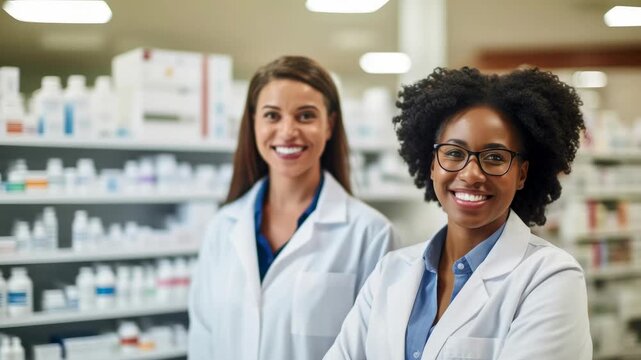 Two pharmacists in white coats smiling at a pharmacy in the afternoon, showcasing teamwork and professionalism while surrounded by medications - Powered by Adobe