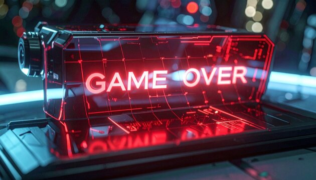 Game Over holographic display with a cyberpunk aesthetic, a futuristic visual effect on a high-tech game. This futuristic display conveys a message in a red glow.