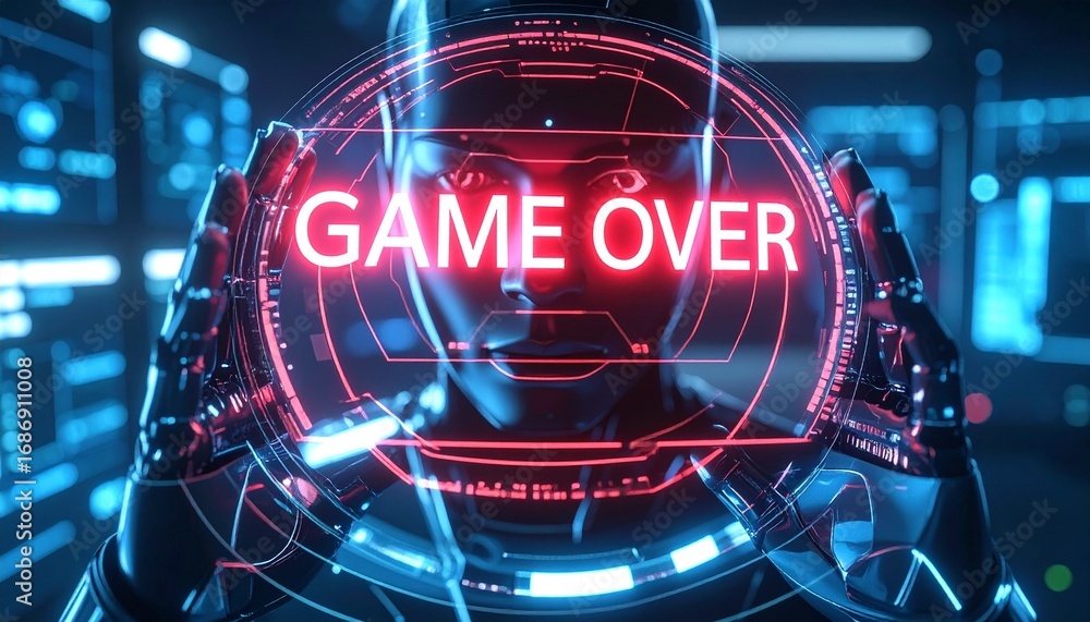 Poster a futuristic depiction of a robot's perspective with game over overlaid on a screen, emphasizing the