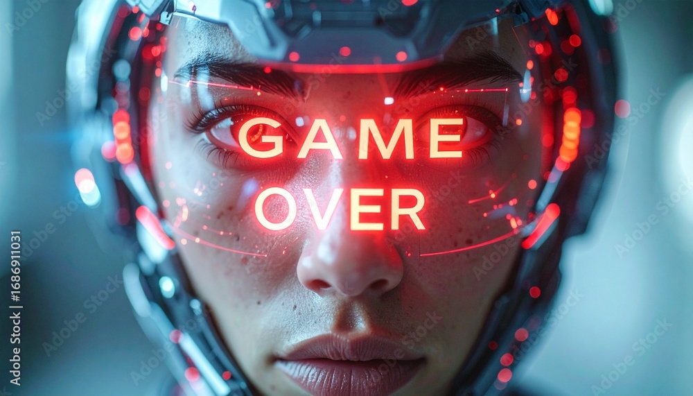 Aufkleber a person's portrait is displaying game over text on a futuristic augmented reality visor. the image 