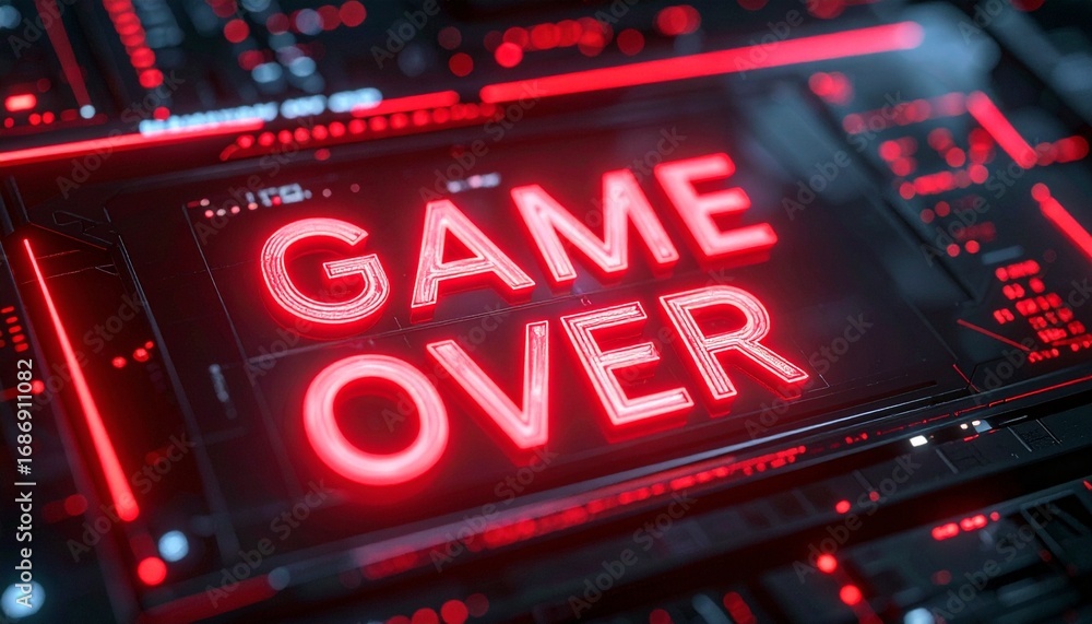 Aufkleber a glowing game over sign displayed on a complex digital circuit board, evoking a sense of finality a