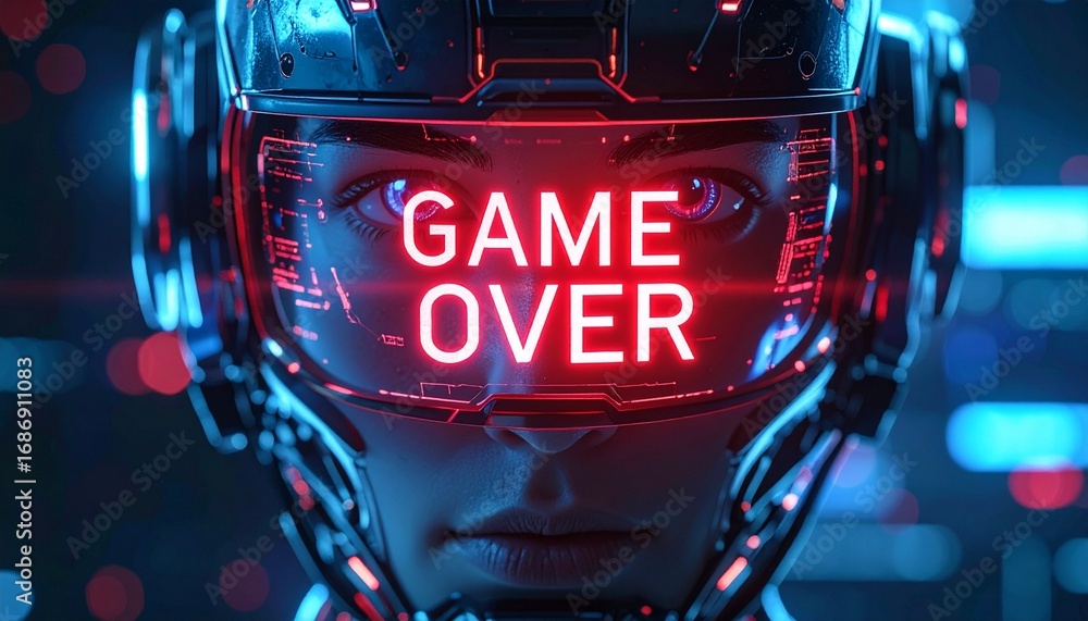 Poster a futuristic cyborg with the words game over displayed on a screen
