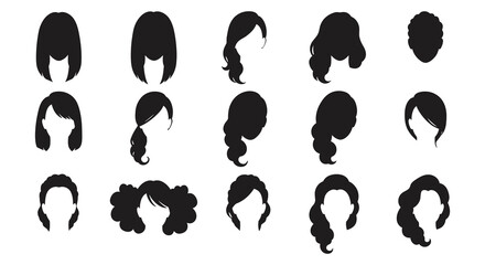 various hairstyles depicted in black silhouettes against white background