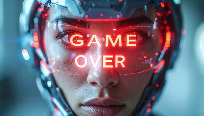 A person's portrait is displaying GAME OVER text on a futuristic augmented reality visor. The image portrays a science fiction or gaming concept