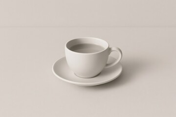 Simple white tea cup filled with tea, resting on a saucer, on a minimalist table, creating a serene and calming atmosphere