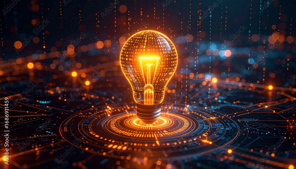 Poster illuminated light bulb with digital circuit, highlighting innovation and technology concepts. the im