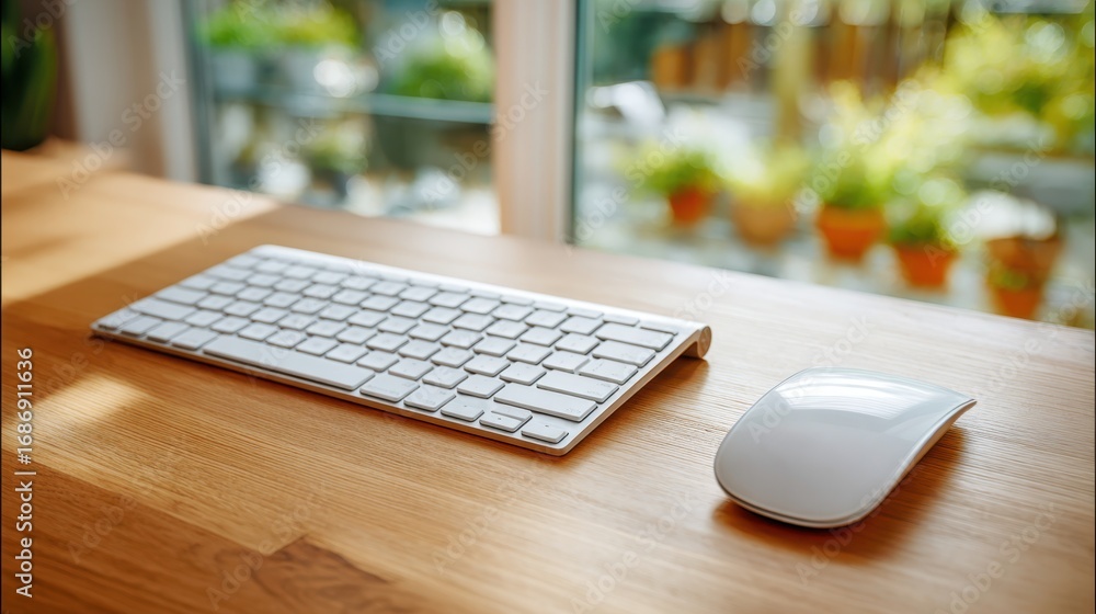 Aufkleber crisp image of a minimalist keyboard and mouse on a wooden desk with the blurred backdrop of a brigh