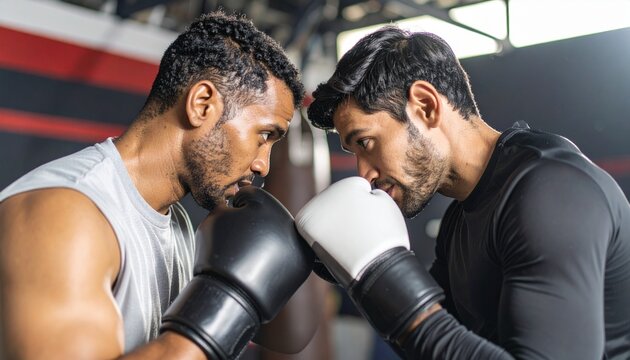 Two boxers in intense face-off in the boxing ring. The atmosphere exudes determination and readiness for action - Powered by Adobe