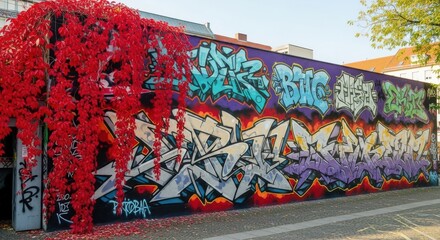 Photo of vibrant graffiti art covers a long wall, with a large cluster of bright red ivy cascading down the left side, creating a striking contrast between urban art and nature