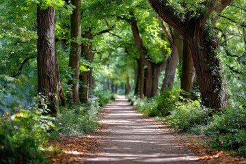 Obraz premium Walkway through a lush forest with tall trees and sunlight filtering down