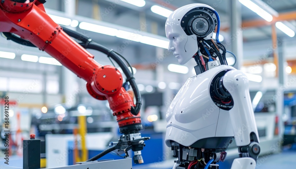 Aufkleber a robot interacting with a robotic arm in a manufacturing setting