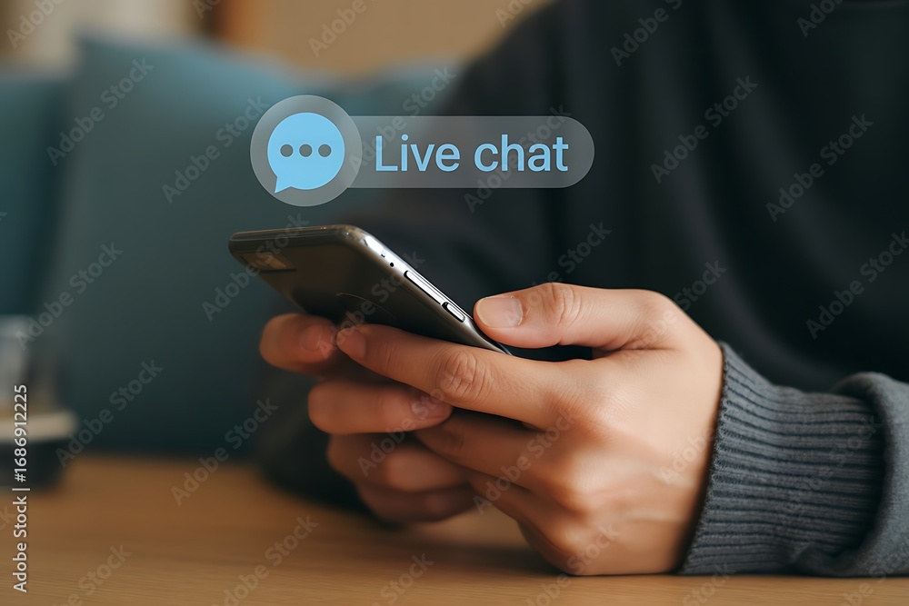 Poster man using live chat feature on smartphone connecting with online customer support