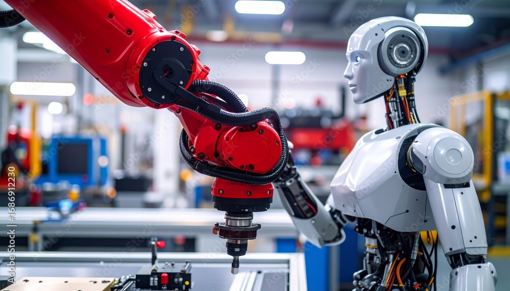 Poster a futuristic factory setting, where a robot arm interacts with a humanoid robot. the scene showcases