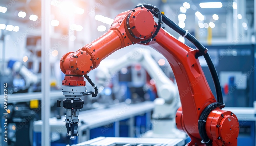 Poster an automated robotic arm in a modern factory setting, highlighting automation and efficiency in prod