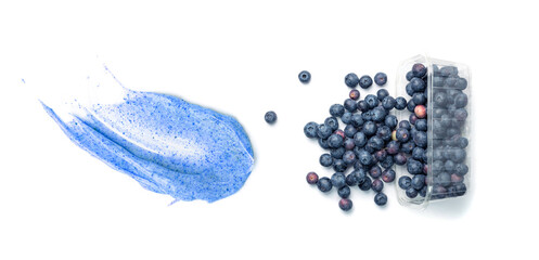 Blue body scrub texture smear isolated. Creamy face blueberries cosmetic swatch