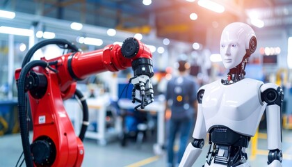 A futuristic vision showcasing an industrial robot interacting with a humanoid robot within a modern factory setting