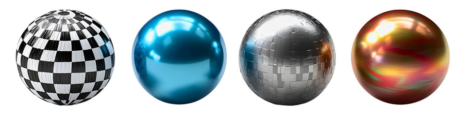 Four different textured spheres showcasing reflective surfaces and geometric patterns in a row isolated on a white or transparent background