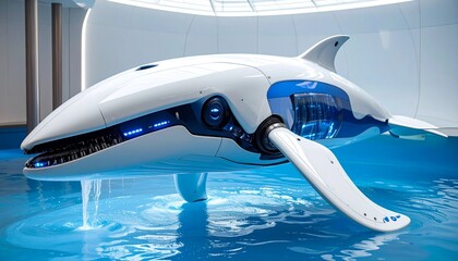 A futuristic robotic whale in an aquarium with water. The advanced design showcases an innovative blend of technology and marine life