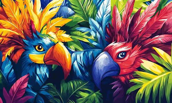 vibrant birds tropical foliage graphic colorful digital art,