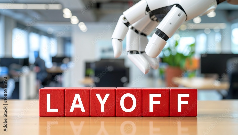 Poster a robotic hand positioned above blocks that spelled out the word layoff in a modern office. this ima