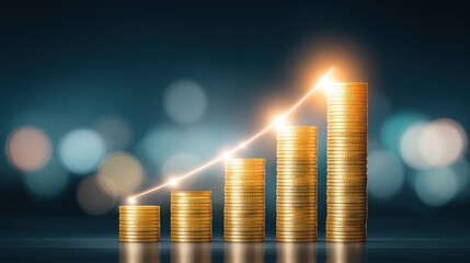 Stacked gold coin glowing upward arrow business growth financial success investment profit wealth economic luminous blue background symbolizing positive progress