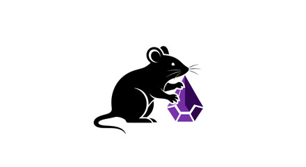 Stylized black rat silhouette holding a purple crystal gem.