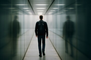 Fototapeta premium Businessman with a backpack walking away through a mirrored corridor, heading towards a bright light symbolizing hope and future possibilities